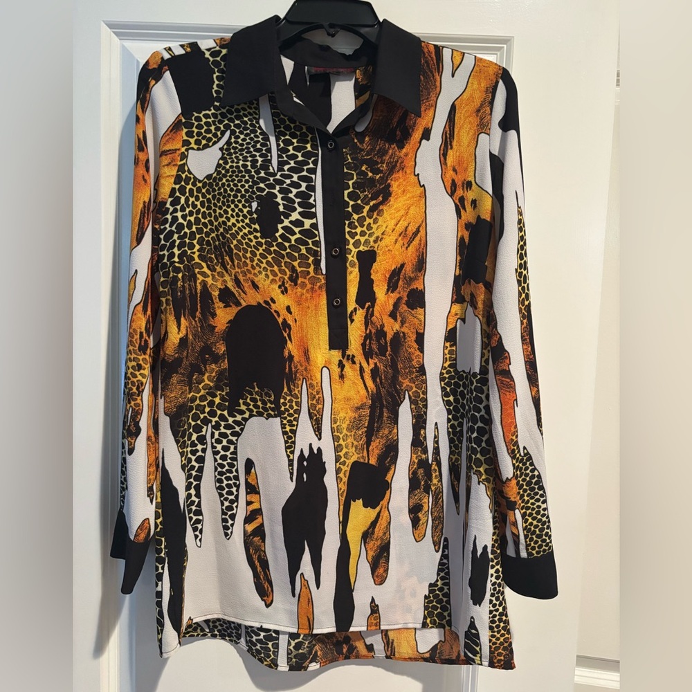 Mishca Abstract Animal Print Tunic Blouse Long Sleeve Black Gold Size S